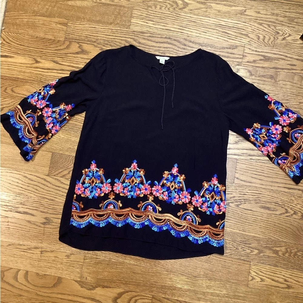 Cato Boho Embroidered Blouse Black with Vibrant Multi Color Size Small